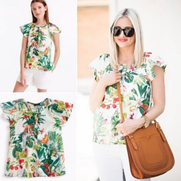 J. CREW Into The Wild Italian Ratti Tropical Floral Print Ruffle Sleeve Top NWT - Picture 4 of 14